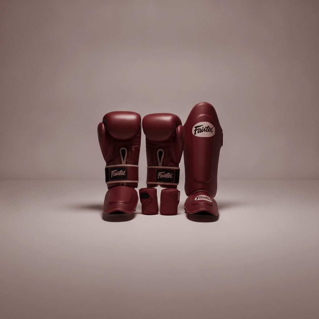 Fairtex glove + wrap + shin bundle — three-quarter angle